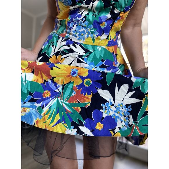 D.B.A. LA Bold Floral dress Bold Bright Fit flare skirt with tulle 11 (S/M) - Picture 2 of 15